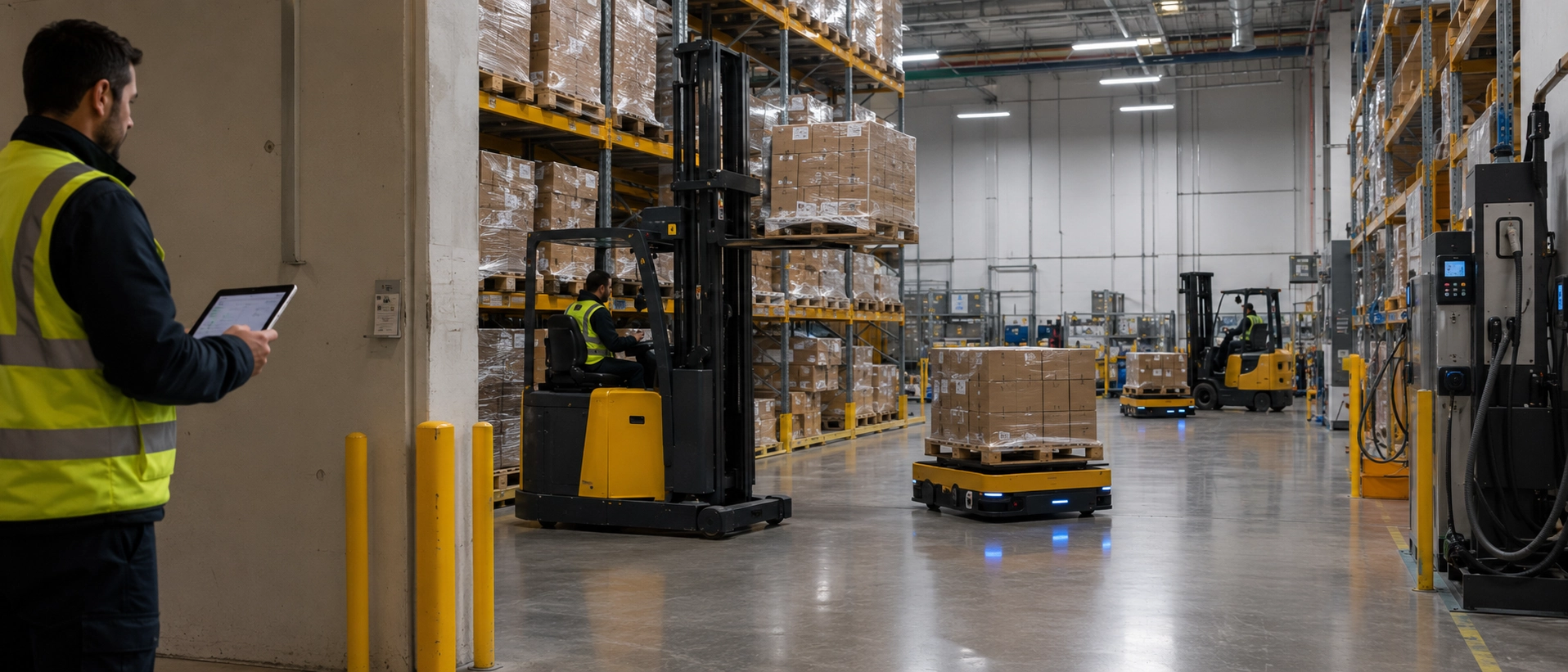 Warehouse fleet management using LiFePO4 battery technology for electric forklifts and AGVs Warehouse fleet management using LiFePO4 battery technology for electric forklifts and AGVs